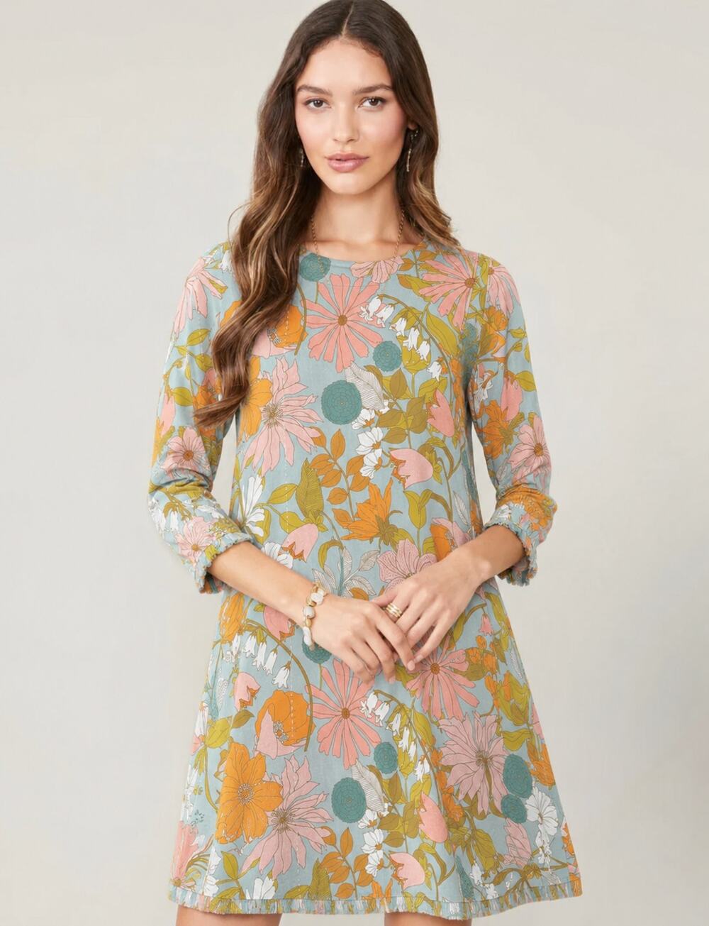 Spartina 449 Island Fringe Mini Dress Womens S Brighton Blue Floral 3/4 Sleeves